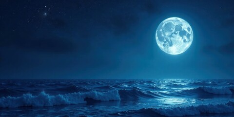 Serene Nightscape Full Moon Illuminates a Dark Ocean with Rolling Waves Under a Starry Sky