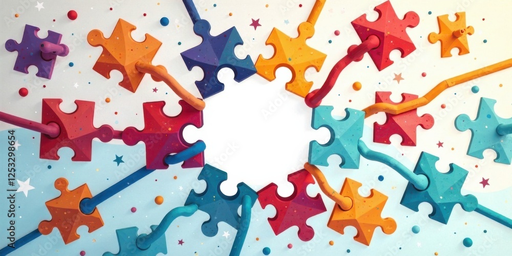 Aufkleber colorful interlocking puzzle pieces connected by flexible tubes forming a circular frame for text or