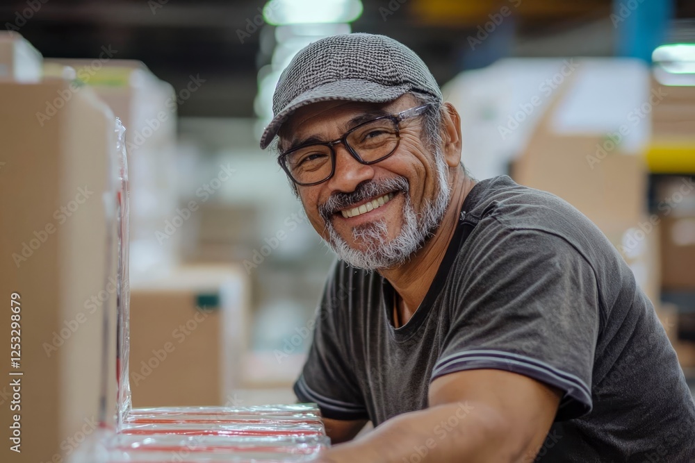 Poster worker smiling at the camera while inspecting boxes at the production line of a distribution warehou