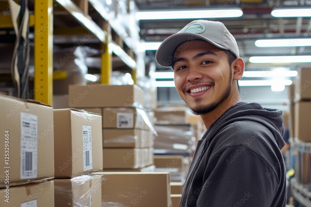 Poster worker smiling at the camera while inspecting boxes at the production line of a distribution warehou