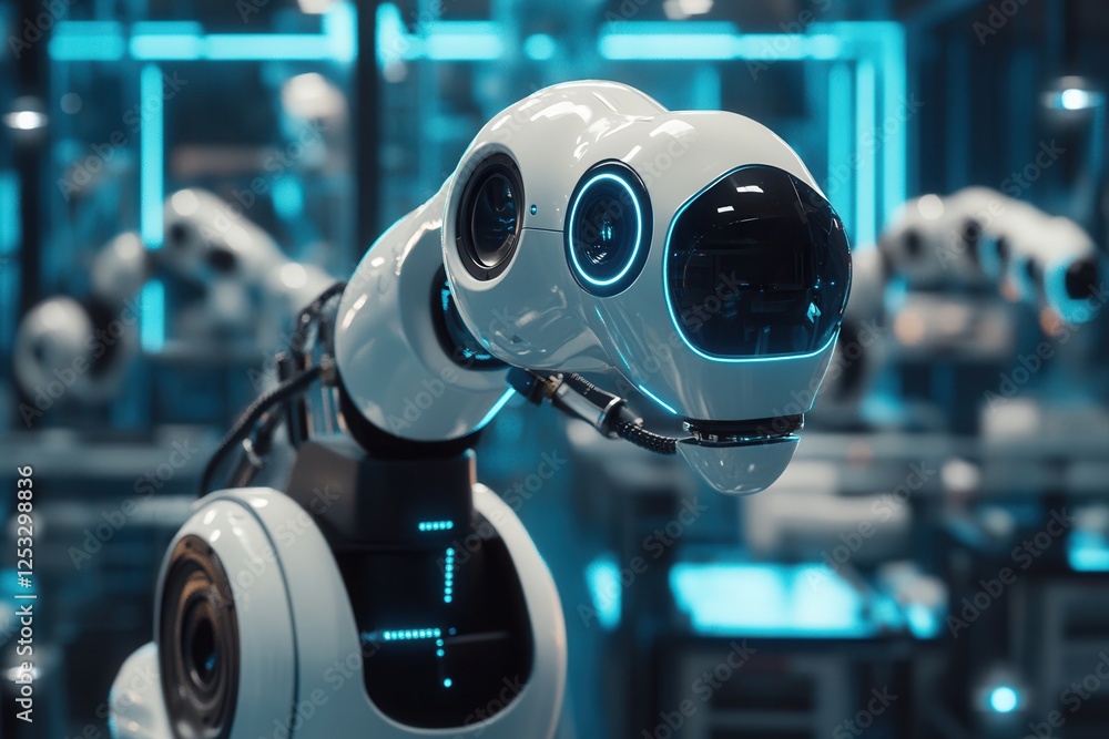 Poster robotics and automation: robotic arms at work in a factory .