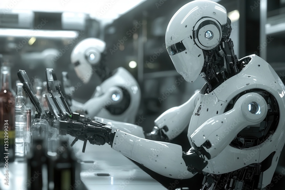 Poster robotics and automation: robotic arms at work in a factory .