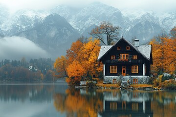 Obraz premium Scenic autumn lakeside cabin retreat amidst mountains reflecting in tranquil waters under a misty sky Cozy and picturesque