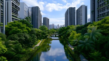 Integrated Canal System Surrounded by Lush Modern Cityscape Skyline