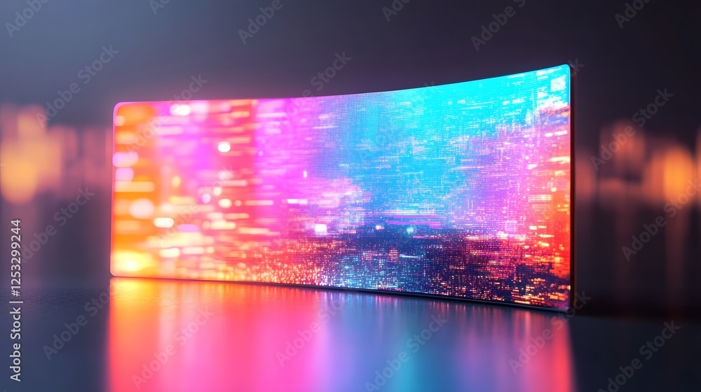 Poster futuristic transparent foldable digital screen with colorful graphics and soft lighting
