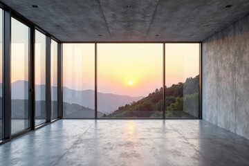 Fototapeta premium Spacious minimalist room with panoramic sunset view over rolling hills and distant mountains