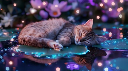 Cat resting on a vibrant neon lily pad, floating serenely across a shimmering river of stars, enchanting and whimsical scene