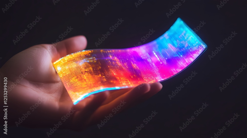 Poster hand folding compact transparent digital screen with glowing high-tech interface