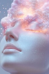 Fototapeta premium A human head with soft-focus details displays a vibrant burst of cosmic energy and light emanating from the forehead, representing a release of tension and enhanced sensory awareness