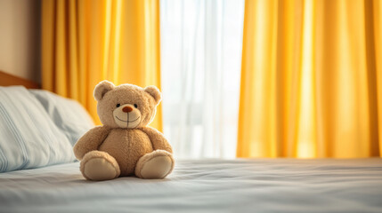 A teddy bear sits alone on the edge of an unmade bed, surrounded by sunlight filtering through bright yellow curtains in a cozy room