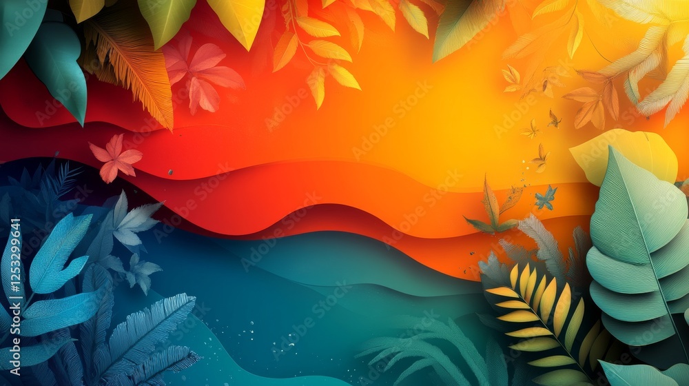 Poster harmonious layering of stylized foliage with vibrant gradients and textural detail creating a visual