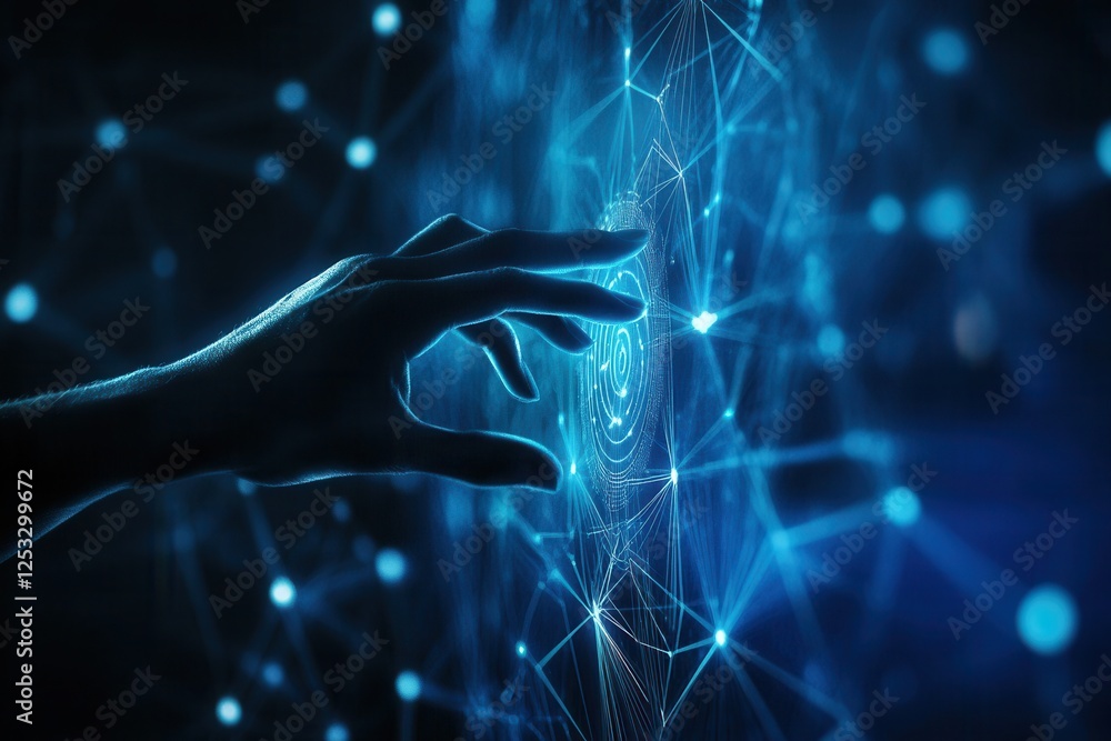 Poster robot hand pressing on virtual digital screen big data connection technology ai machine learning ide