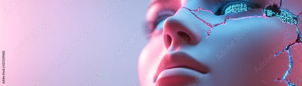 Aufkleber a hyper-realistic human face displays cracks that morph into binary code, gradually dissolving into 