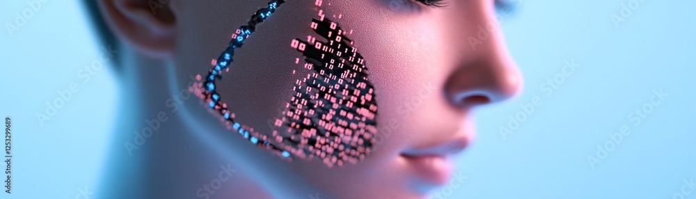 Poster a human face with intricate cracks morphing into binary code dissolves into a neon-blue void, repres