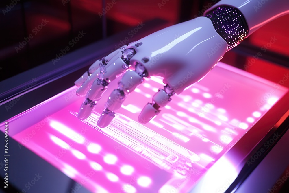 Poster robot hand pressing on virtual digital screen big data connection technology ai machine learning ide