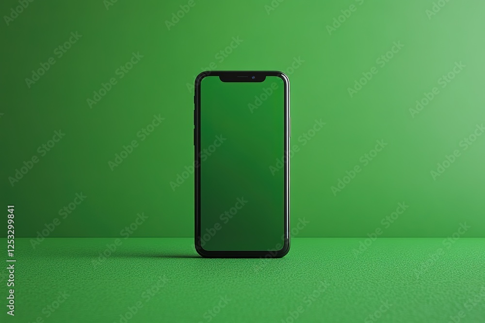 Poster smartphone with green screen display centered on a matching green background modern device for app d