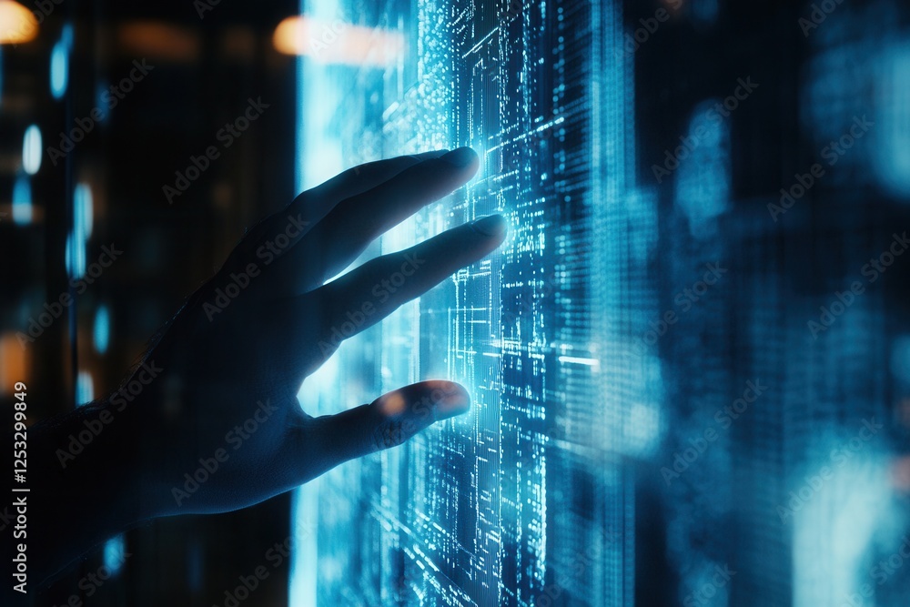 Poster robot hand pressing on virtual digital screen big data connection technology ai machine learning ide