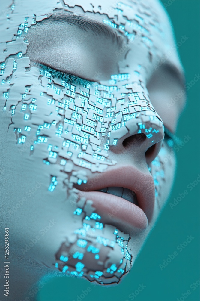 Poster a striking human face appears to be dissolving into a digital void. cracks form intricate patterns o
