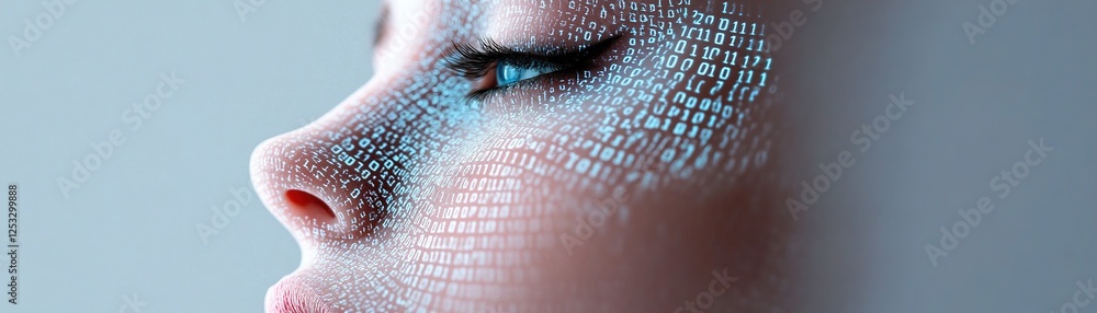 Aufkleber a detailed human face shows cracks forming into binary code, symbolizing the fusion of artificial in