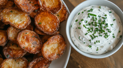 Crispy potato chips beside a creamy sour cream dip with chives-3