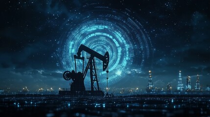 Oil pump jack operates against a futuristic digital landscape at night