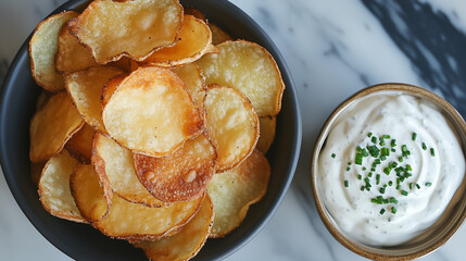 Crispy potato chips beside a creamy sour cream dip with chives-2