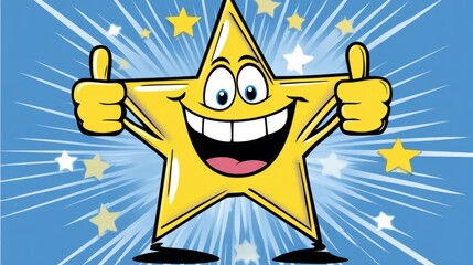 A cartoon star with five points and a broad smile giving a double thumbs up while wearing a broad smile