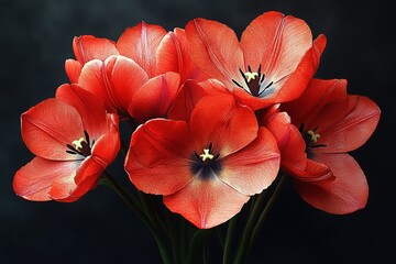 A vibrant bouquet of red flowers in full bloom their delicate petals radiating warmth against a dark elegant background Floral beauty