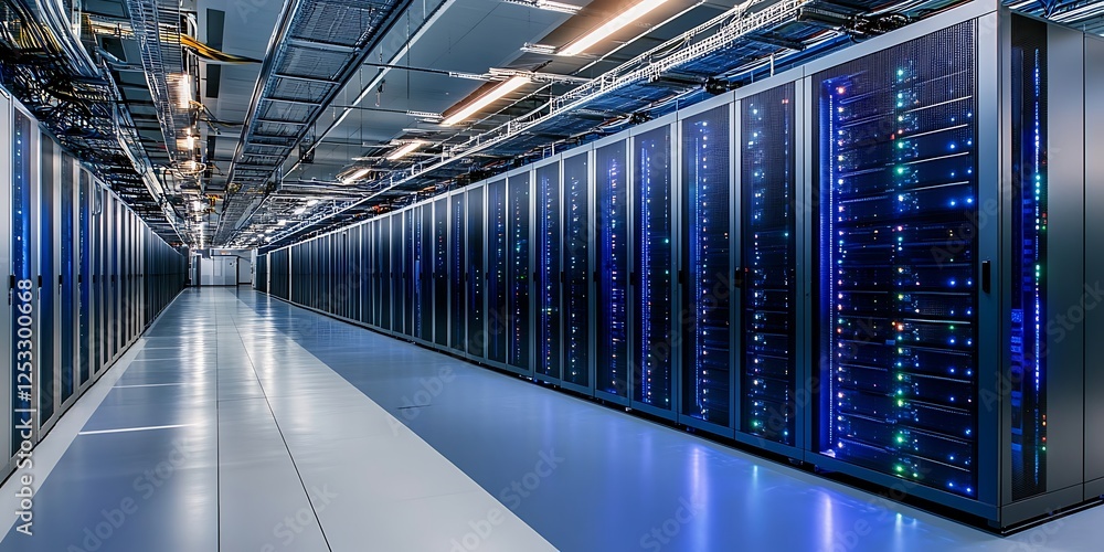 Poster data center: secure facility for server management, network infrastructure, cloud computing hub, inf
