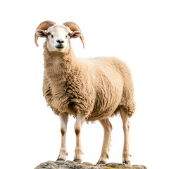 Fototapeta premium A majestic ram stands confidently on a rock, showcasing its beautiful horns and fluffy coat. The image captures the essence of strength and poise in nature.