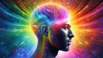 rainbow pastel digital head of an artificial intelligence reaching consciousness through quantum computing visual representation of quantum consciousness of quantum consciousness