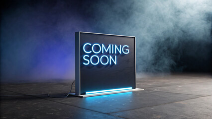 "A sleek, modern 'Coming Soon' sign in neon white and blue, standing out vividly against a dark gradient background with subtle mist."