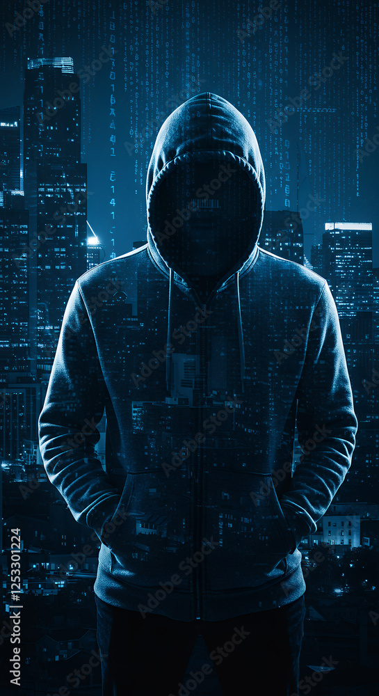 Poster anonymous hacker: cyberpunk cityscape - data security, coding, & the digital underground in a dark t
