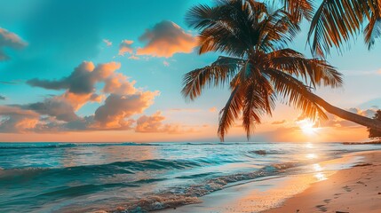 Obraz premium Amazing sunset over the ocean. Palm trees on a tropical beach.