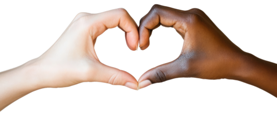 Black and white hands forming a heart shape on white or transparent background. Unity, love, diversity, and Valentine's Day concept for inclusivity and connection
