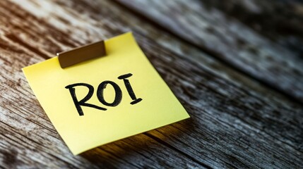 ROI text on office yellow paper sticker , Return on investment (ROI) is a ratio that measures the profitability of an investment by comparing the gain or loss to its cost, 16:9