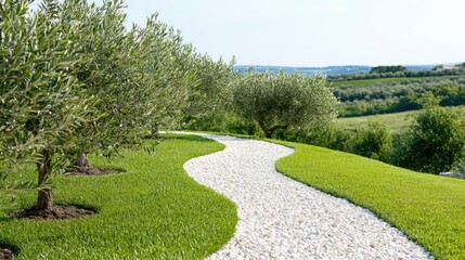 Winding path through olive trees landscape, scenic view