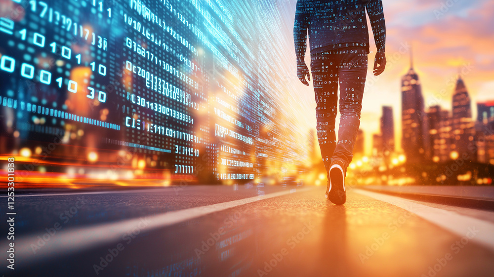 Poster man walking on road surrounded by glowing binary numbers, with city skyline in background. scene con
