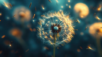 Dandelion seeds blowing in wind, sunset field