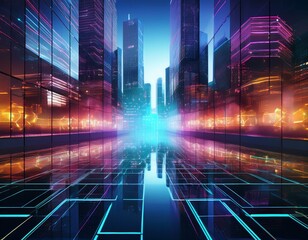 Fototapeta premium abstract urban background with hexagonal overlay and glowing holographic effect on a glass building facade