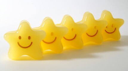 create a yellow Smiley emoticon juggling 5 stars on white background to be used on an acrylic cut-out table display in A6 size 