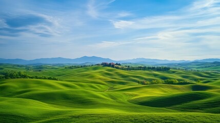 Obraz premium Rolling green hills under a blue sky create a peaceful Italian countryside view