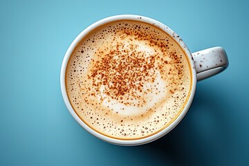 Warm coffee with milk foam and a sprinkle of cocoa photographed from above on a blue background A comforting caffeinated beverage