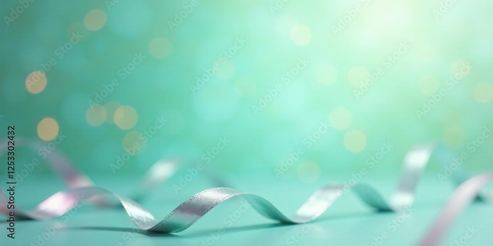 Poster elegant silver ribbon curving gracefully on a soft teal background with a dreamy, blurred bokeh effe