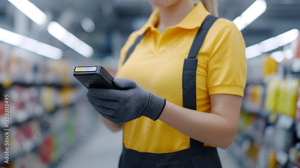 Poster retail worker scanning barcodes for efficient shopping in modern store