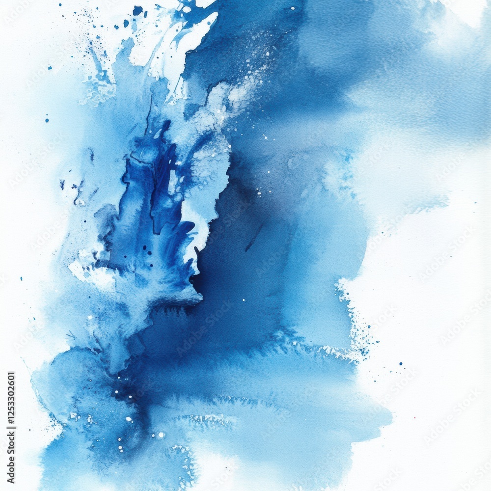 Poster blue abstract watercolor splashes creating a calming and serene atmosphere in a minimalist style. ge