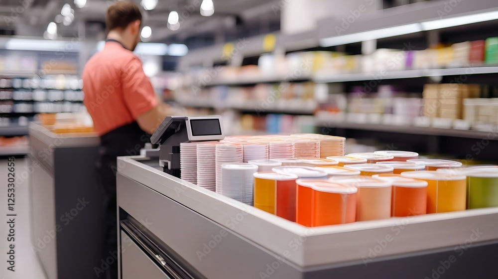 Poster retail worker scanning barcodes in modern store for efficient shopping