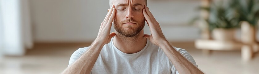 Fototapeta premium A man is seated on the floor in a meditative position, gently massaging his temples. Soft natural light fills the space, enhancing the calming atmosphere