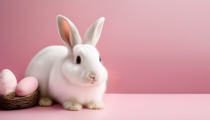 easter white bunny on pastel pink background copy space