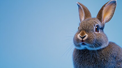 A close-up of a curious rabbit against a soft blue background, highlighting its expressive features